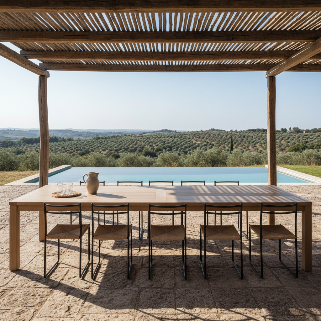 A shaded outdoor dining terrace at a sophisticated rural Portuguese holiday home, arranged for a relaxed meal without any food or people present. A long, pale wooden table sits beneath a pergola of slatted wood, casting elegant linear shadows on the stone floor. Simple, modern chairs with woven seats line either side of the table. In the background, the private pool glimmers in the sun and distant olive groves stretch toward gentle hills. Warm late-afternoon light filters through the pergola, creating a play of light and shade that feels both cool and inviting. Photographic realism, framed with the table leading the eye into the landscape, evoking conviviality, authenticity, and understated elegance.