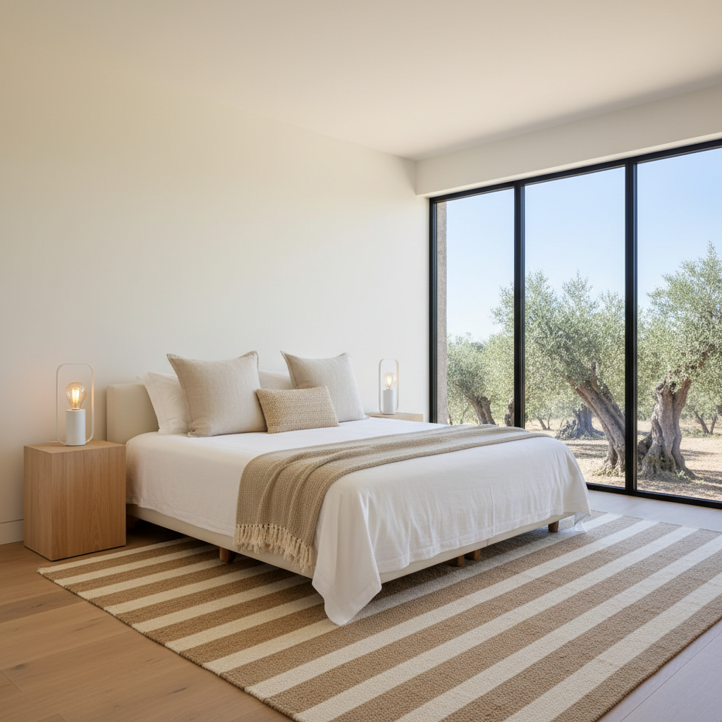 A bright, minimalist bedroom in a Portuguese countryside retreat, centered on a large bed with crisp white linen, layered with a soft beige throw and a couple of textured neutral pillows. Natural wooden bedside tables hold simple ceramic lamps with warm white bulbs, casting a gentle glow. A woven rug in sandy tones covers part of the smooth light-wood floor. A large window frames a view of olive trees and blue sky, allowing soft midday light to stream in and wash the room with a fresh, airy feel. Photographic realism, shot from an eye-level corner perspective with clean lines and balanced composition, creating an atmosphere of calm, comfort, and refined simplicity.