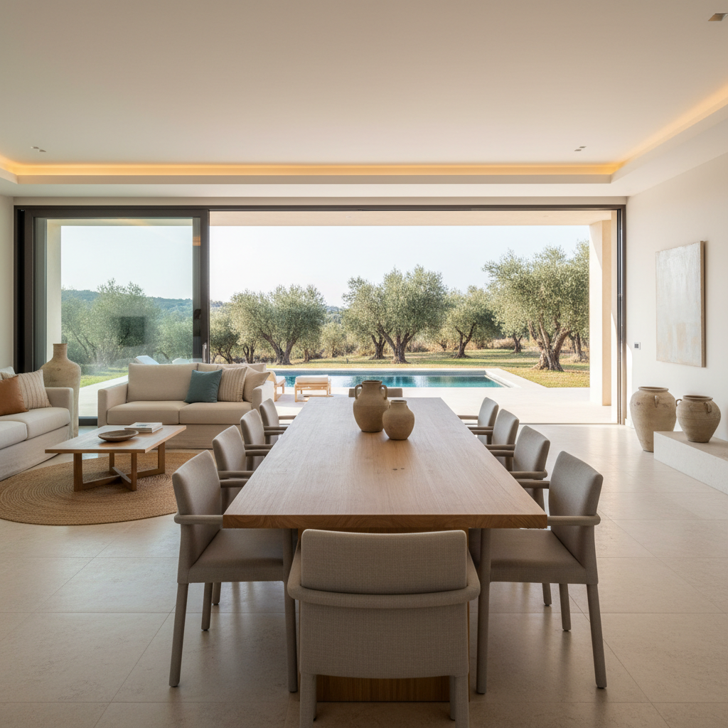 A spacious, elegant living and dining area inside a Portuguese holiday villa, designed for up to eight guests, entirely devoid of people. A large solid-wood dining table with a natural matte finish sits centrally, surrounded by minimalist upholstered chairs in soft taupe tones. In the background, a comfortable seating area features a low-profile linen sofa, textured cushions, and a simple jute rug. Large sliding glass doors open to views of olive trees and the private pool terrace. Soft diffused daylight fills the room, complemented by warm recessed ceiling lights that create a gentle, welcoming glow. Photographic realism, shot at eye level with a wide lens to capture the generous space and clean lines, conveying a sophisticated yet relaxed atmosphere.
