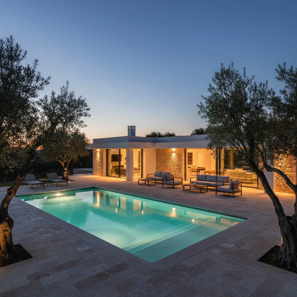 A serene twilight exterior of Casa Elo Portugal, showcasing the private pool illuminated by soft, underwater lights that cast a gentle aqua glow across the surface. The white and stone façade of the villa is warmly lit from within, visible through wide glass doors that open onto a spacious terrace furnished with understated outdoor sofas and low tables. Olive trees surround the property, their forms silhouetted against a deep blue evening sky with a subtle gradient. The mood is calm and intimate, emphasizing privacy and exclusivity. Photographic realism, captured from a slightly elevated corner angle with balanced composition and crisp detail, highlighting the interplay between cool pool light and warm architectural lighting in a sophisticated rural setting.