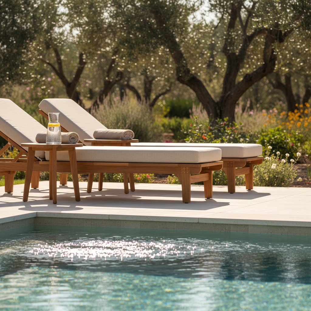 An inviting close-up view of a sunlit poolside lounge area at a refined rural Portuguese retreat. In the foreground, two cushioned teak loungers with creamy linen upholstery sit beside a crystal-clear rectangular pool edged in pale stone. A low side table holds a neatly folded beige towel and a simple glass carafe of water with lemon slices. Beyond, olive trees and native shrubs create a soft, natural backdrop. The scene is lit by warm morning light that casts subtle, crisp shadows and sparkles on the water’s surface. Photographic realism, shot from a slightly low angle with a shallow depth of field, keeps the front lounger in sharp focus while the garden gently blurs, evoking tranquility, comfort, and understated sophistication.